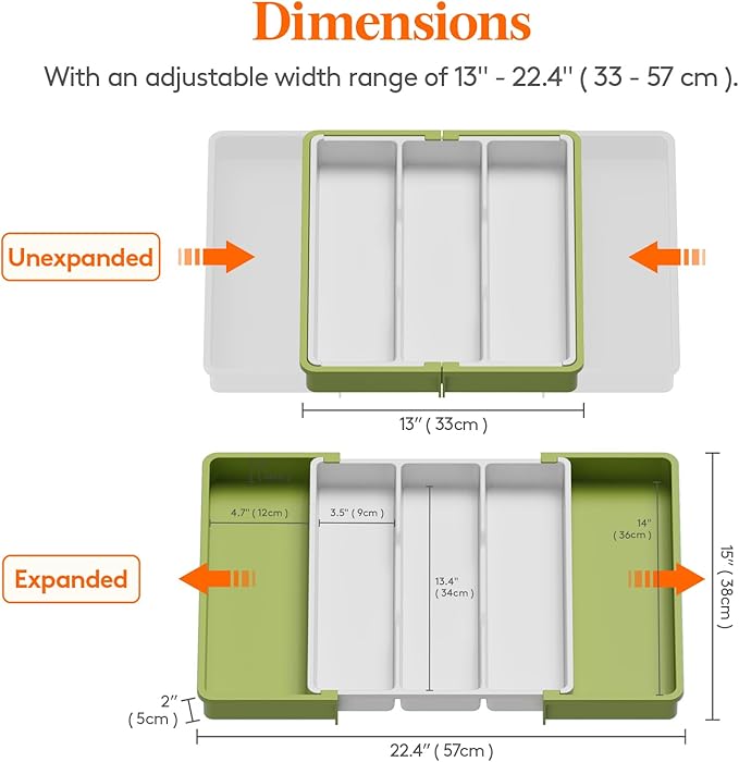 Lifewit Utensil Organizer for Kitchen Drawers, Expandable Cooking Utensil Tray, Adjustable Cutlery Silverware Flatware Holder, Plastic Spatula Tools and Gadgets Storage Divider, Large, Green&White