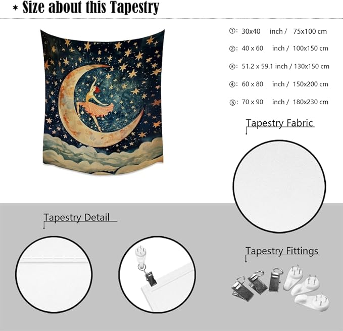 Dancer on the Moon Tapestry Starry Night Sky Art Print Dark Academia Gothic Aesthetic Wall Hanging Stars Moon Clouds Tapestries Whimsical Wall Decor for Nursery Bedroom 70x90inch