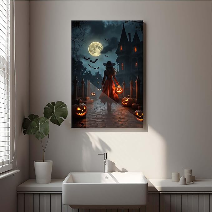 JFHCQJPK Halloween theme poster moonlit autumn night witch vintage poster art print dark college style gothic painting canvas wall decoration bedroom living room ideal gift32x48in Frameless