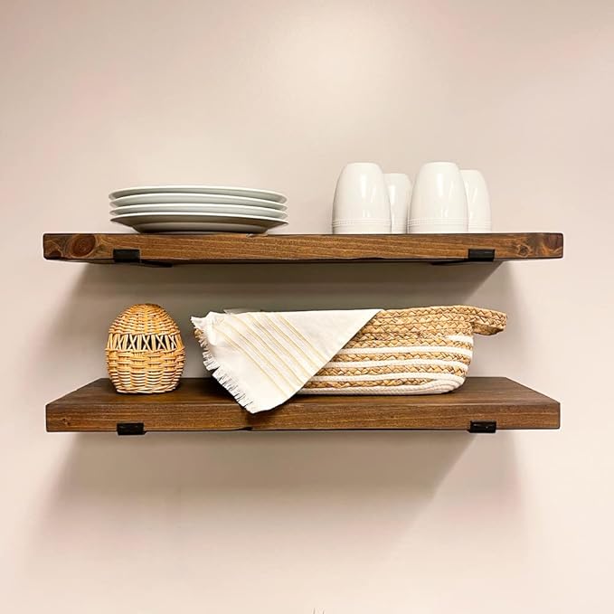 Rustic Shelves with J-Brackets Set of 2, Industrial Shelf, Kitchen Shelves, Solid Wood, Decorative Wall Storage, Heavy Duty, URBANDI (Provincial, 24Wx12D)