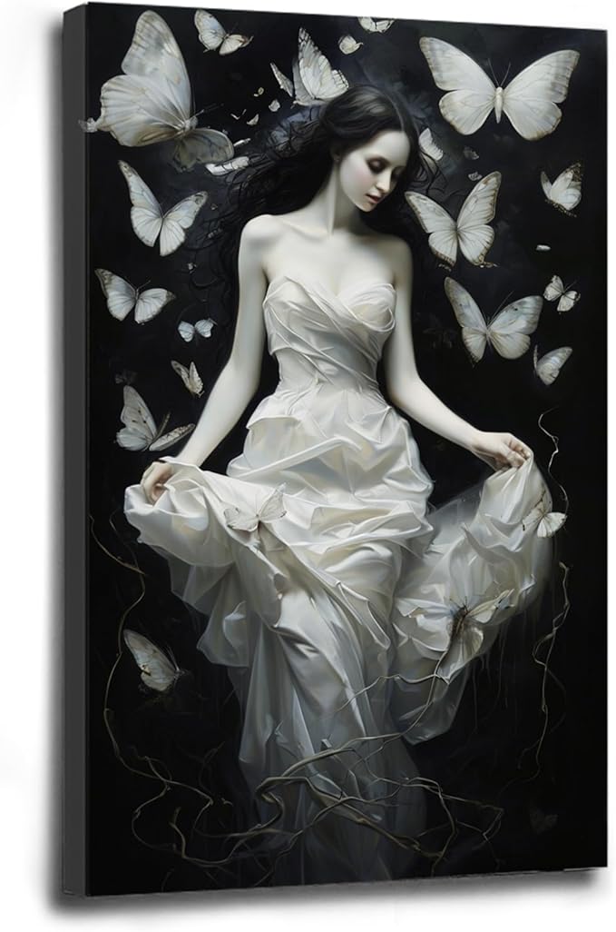 Vintage Gothic Feminine Canvas Wall Art Print Butterfly Poster Moody Preppy Wall Art Dark College Decor for Home Bedroom16x24in Wood Framed