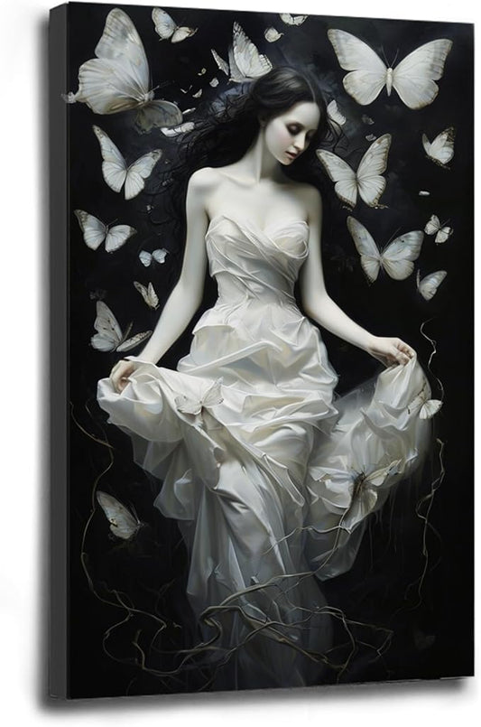 Vintage Gothic Feminine Canvas Wall Art Print Butterfly Poster Moody Preppy Wall Art Dark College Decor for Home Bedroom24x36in Wood Framed