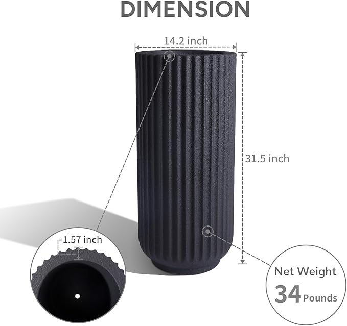 31.5 Inch Tall Roman Column Concrete Planter（14.2Dx31.5H，36 Pounds）,Durable All-Weather Use with Drainage Holes,Large Tall Round Planter for Outdoor Indoor Plants