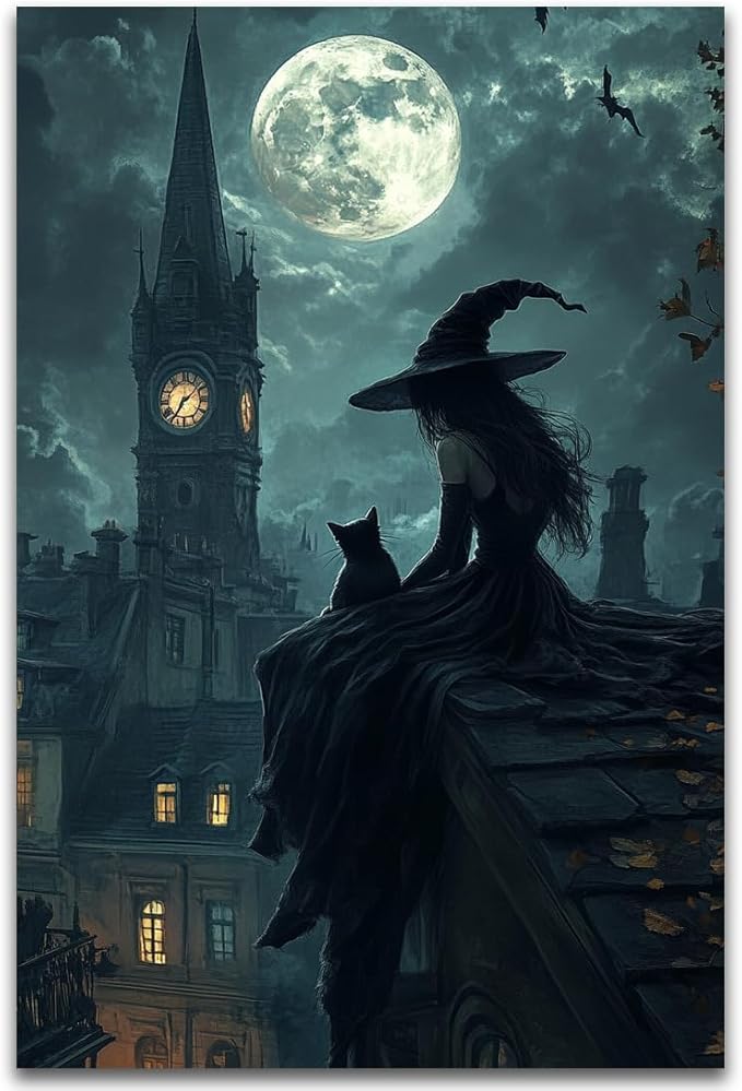 Halloween Witch Black Cat Wall Art,Magical Moon Witch on Roof with Black Cat at Night Scene Painting Haunting Dark Witches Canvas Print for Haunted House Party Decor Poster,20"x30" Unframed