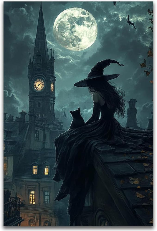 Halloween Witch Black Cat Wall Art,Magical Moon Witch on Roof with Black Cat at Night Scene Painting Haunting Dark Witches Canvas Print for Haunted House Party Decor Poster,20"x30" Unframed