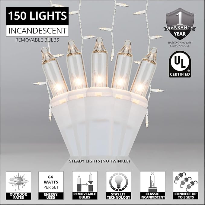 8.5 ft 150 Clear Icicle Lights - White Wire, Indoor/Outdoor Christmas Icicle Lights