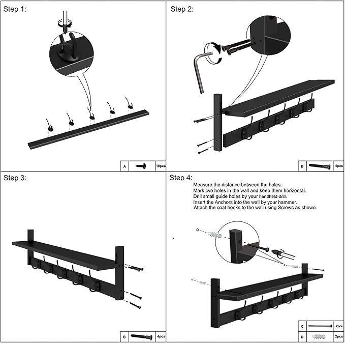 AMBIRD Wall Hooks with Shelf Entryway Hanging Wood Coat Hooks with Shelf Wall-Mounted Coat Hook Rack with 5 Dual Hooks for Bathroom, Living Room, Bedroom (Stylish)