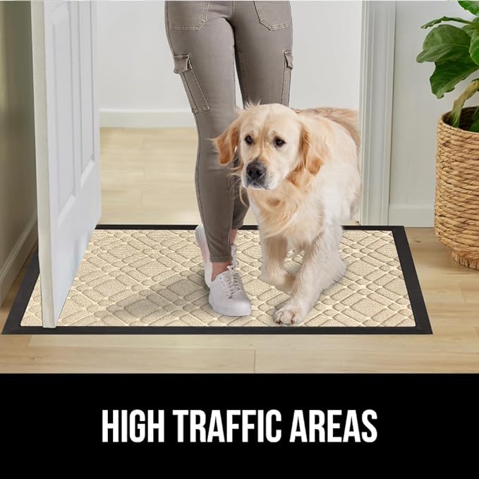 GORILLA GRIP 100% Waterproof All-Season WeatherMax Doormat 35x23, US Designed Natural Rubber, Stain and Fade Resistant, Low Profile Indoor Outdoor Door Mats, Easy Clean Patio Mat, Modern Latte