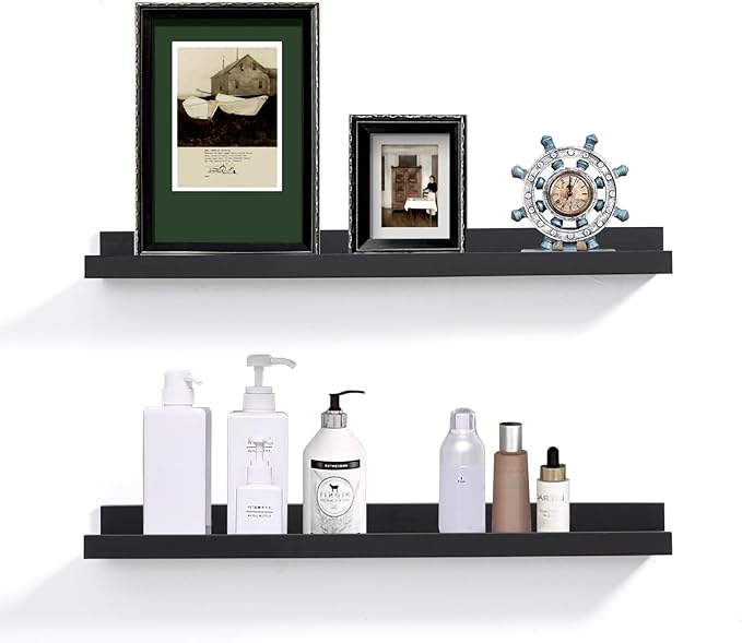 Black Floating Shelves for Wall 24 Inch Wall Shelves with Lip Modern Picture Ledge Shelf Wall Mount Photo Shelves Room Decor Hanging Book Shelves Set of 2 for Bedroom Living Room Bathroom Kitchen