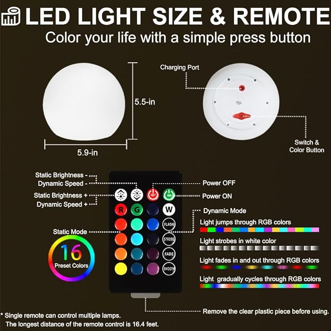 LED Globe Orb Light, 6-in LED Light Ball for Kid, 16 Dimmable Colors & 4 Modes Light Up Ball Mood Lamp w/Remote, Rechargeable Orb Night Lights Waterproof Outdoor Globe Lights for Home/Nursery/Party