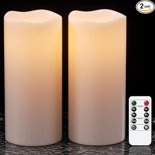 GenSwin Waterproof Outdoor Flameless Candles with Remote Timer, Battery Operated Large Flickering LED Pillar Candles for Indoor Outdoor Lanterns, Won’t Melt, Long-Lasting(White, Set of 2, 8” x 4”)