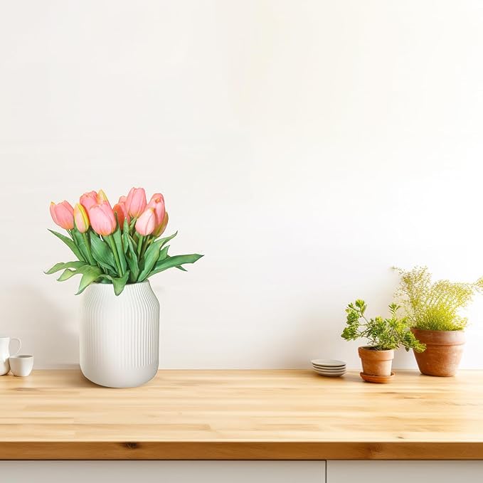 15pcs Artificial Tulips Flowers, Fake Tulips Real Touch, Faux Latex Bouquets, for Party Wedding Home Room Decoration (Pink)