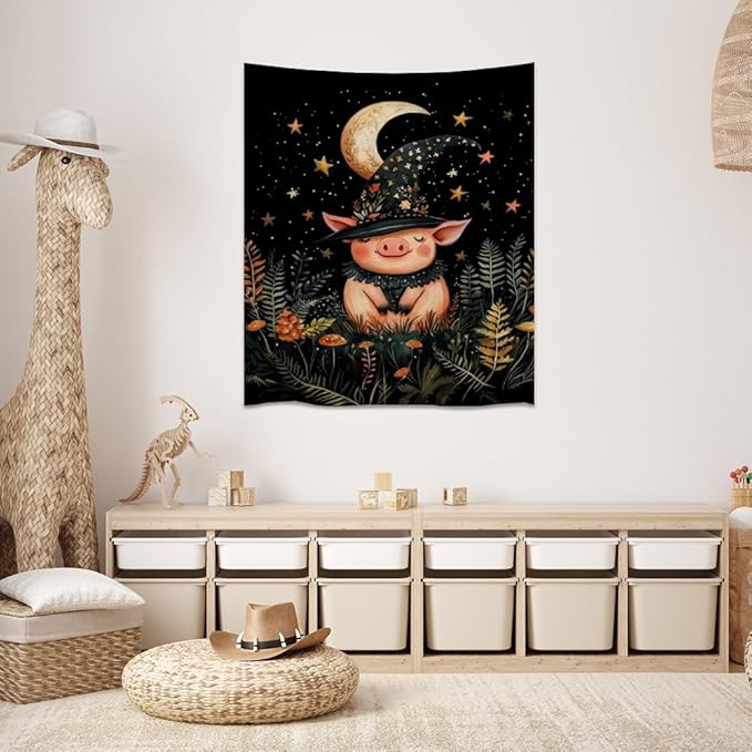 Whimsical Witch Pig Tapestry Wall Hanging Cute Farmhouse Animal Tapestry Aesthetic Moon and Stars Pictures Print Cottagecore Witchy Halloween Artwork Tapestries Decor for Living Room Bedroom 70x90inch