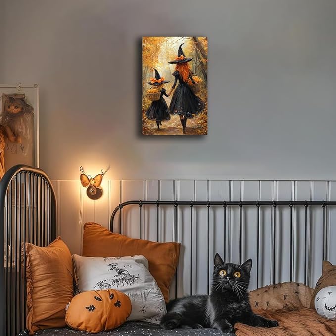 Mother Witch And Child Daughter Witch Wall Art,Halloween Autumn Woodland Forest Path Picture,Family Room Nursery Playroom Kids Room Decor,24"x36" Framed