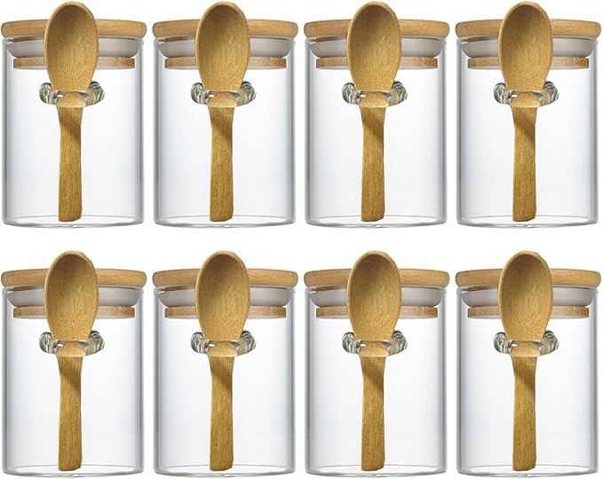 7.6 oz Airtight Mini Glass Jars with Bamboo Lids and Bamboo Spoons, Spice Jars Small Food Storage Containers for Kitchen, Bathroom, Home Decor Set of 8