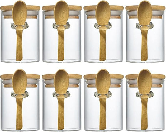 7.6 oz Airtight Mini Glass Jars with Bamboo Lids and Bamboo Spoons, Spice Jars Small Food Storage Containers for Kitchen, Bathroom, Home Decor Set of 8