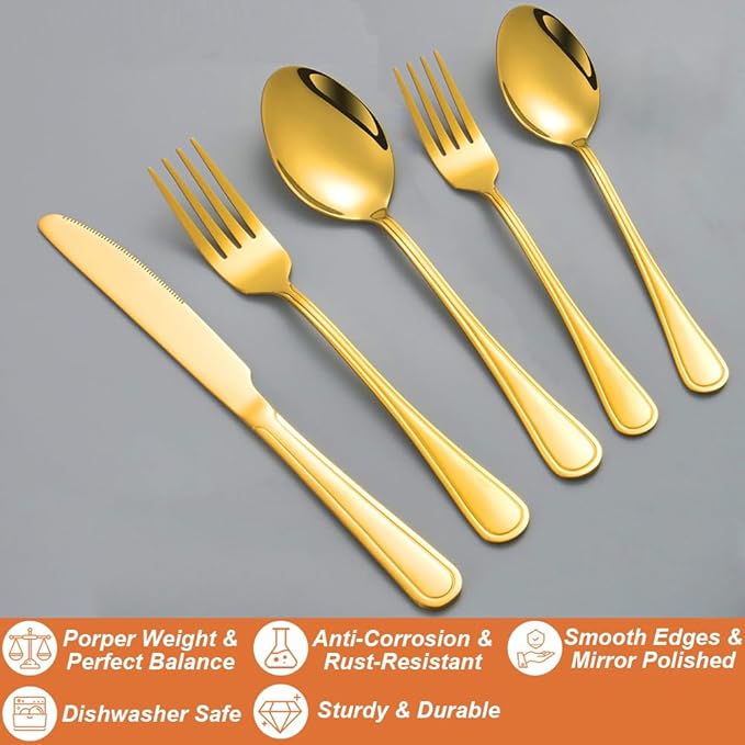 20 Pcs Gold Silverware Set for 4 with Simple Striped Handle Design, Food Grade Stainless Steel Flatware Set, Eating Utensils Sets Include Fork/Knife/Spoon, Cutlery Set, Dishwasher Safe