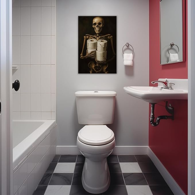Gothic Skull Wall Art Funny Skeleton with Toilet Paper Canvas Print Vintage Skull Painting Framed Artwork for Living Room Home Halloween Wall Decor(Artwork-8,28"x42")