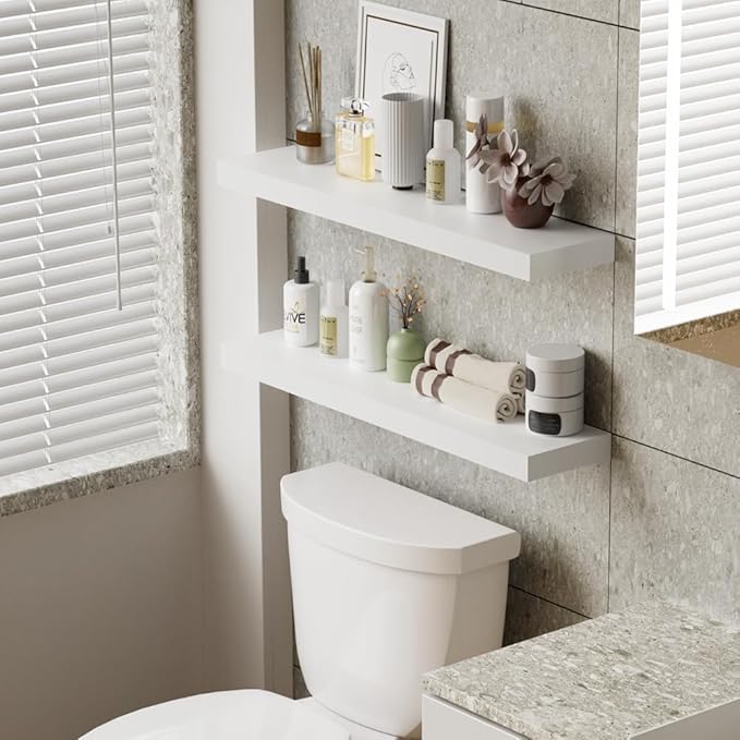 Habudda Floating Shelves for Wall, Display Shelf for Bathroom Bedroom Kitchen, Rustic Decor Pine Solid Wood Bookshelf, 30 Inch Long, Set of 2, White