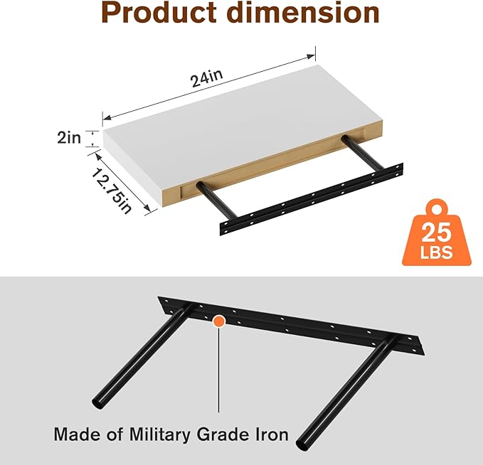Large Floating Shelves for Wall Set of 2 Wooden Wall Shelves 24 in x 12.75 in x 2 in Room Decor Long Shelf with Invisible Wall Mount Bracket for Bedroom Kitchen Living Room White