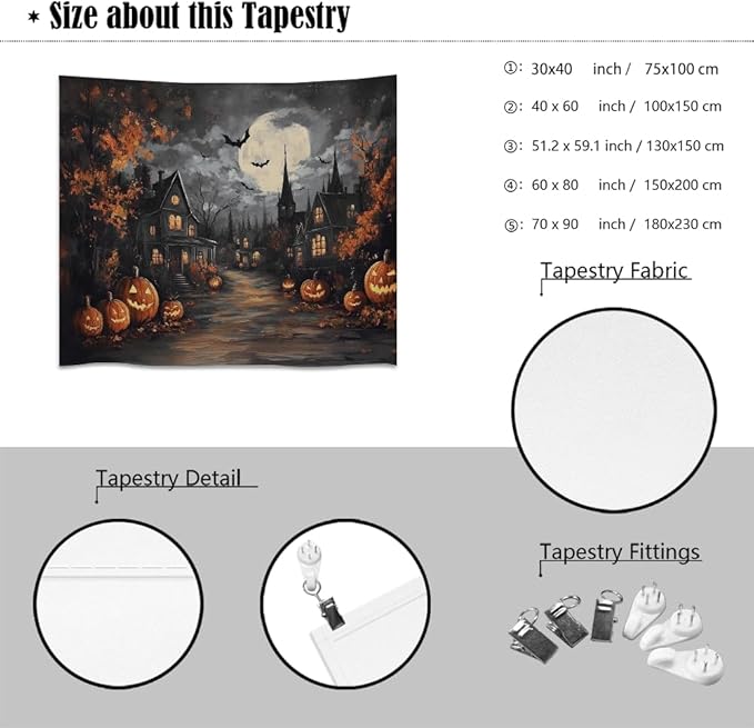 Spooky Halloween Tapestry Haunted Home Bats Pumpkin Tapestry Wall Hanging Dark Academia Fall Full Moon Decor Gothic Ghost Tapestries for bedroom Living Room Decoration 70x90inch