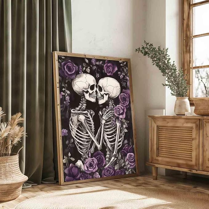 Gothic Skull Wall Art Skeleton Lover Poster Gothic Skull Wall Art Vintage Skeleton Print Horrible Posters Kissing Poster Dark Moody Paintings Dark Academia Canvas Living Room Decor 16x24inch No Frame