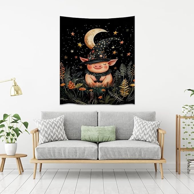 Whimsical Witch Pig Tapestry Wall Hanging Cute Farmhouse Animal Tapestry Aesthetic Moon and Stars Pictures Print Cottagecore Witchy Halloween Artwork Tapestries Decor for Living Room Bedroom 60x80inch