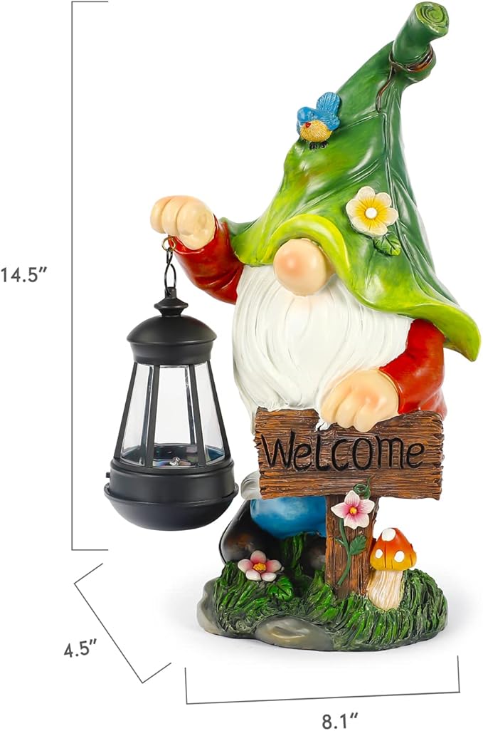 Garden Gnome Statue, Resin Figurine with Bright Solar Lantern Lights and Welcome Sign, Outdoor Solar-Powered Illumination Yard Art Decorations for Indoor Outdoor Patio Lawn Garden Room