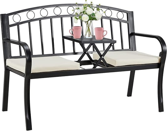 AVAWING Outdoor Metal Garden Bench, 2-Seat Patio Porch Bench with Steel Frame, Park Bench w/Pullout Middle Table＆ Cushion for Backyard Lawn Deck Entryway, Black