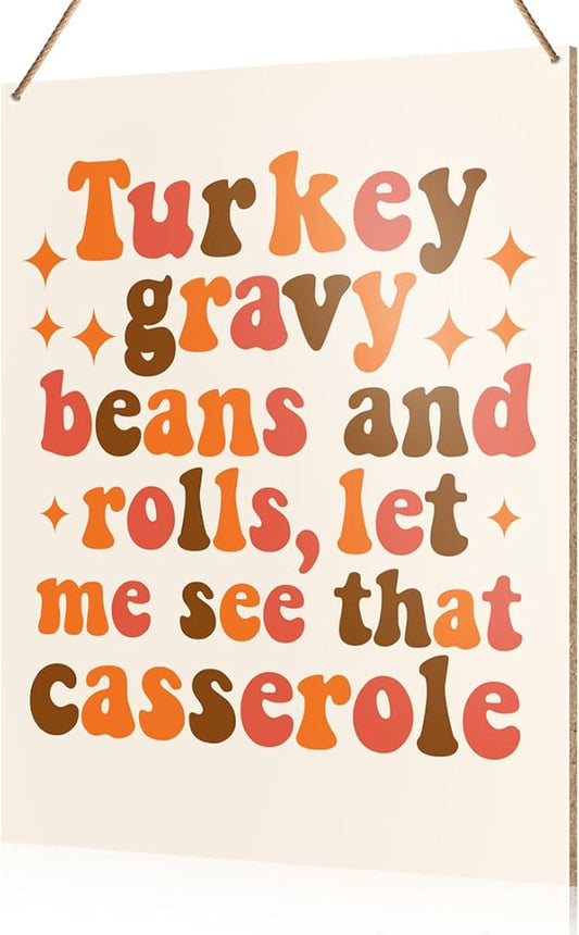 UDNADKEX Thanksgiving Decorations Hanging Sign, Autumn Fall Decor Wooden Wall Sign Thanksgiving Decorations, Turkey Gravy Beans and Rolls