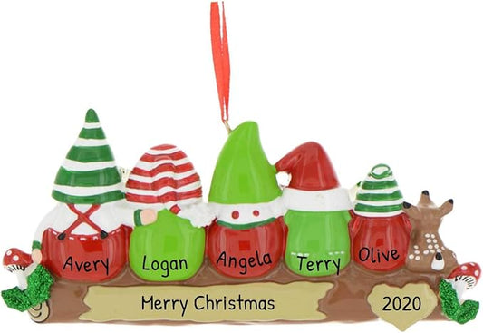 3D Gnome Family of 5 Christmas Ornament 2025 Personalized Family Christmas Ornaments 2025 | Gnomes Log Mushrooms, Deer Personalized Tree Ornaments Customizable Gifts Woodland Gnomes of Five Ornament