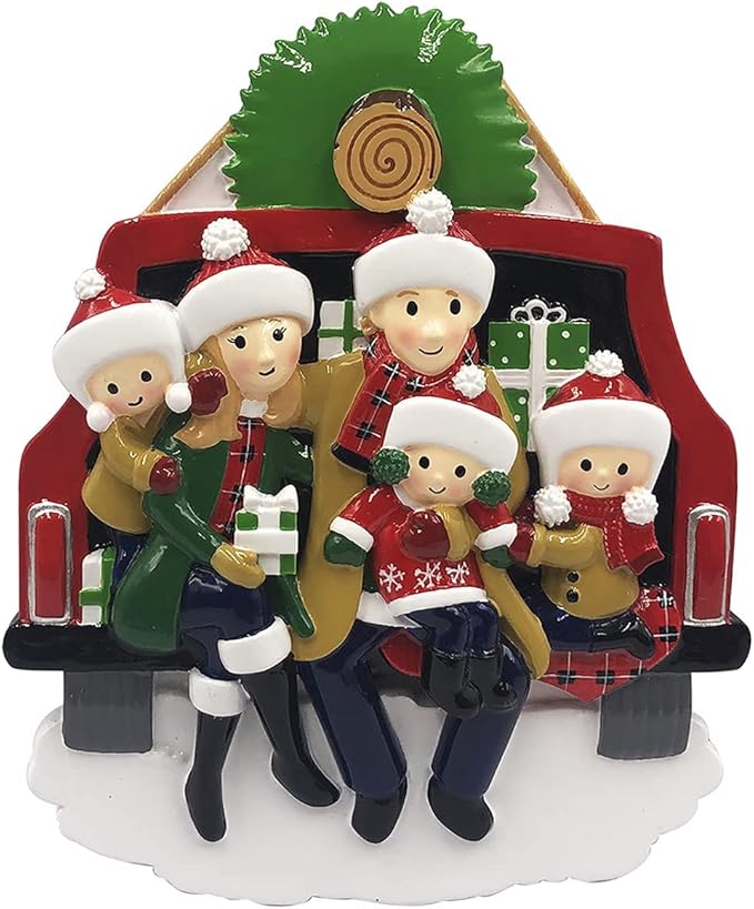 3D Red Truck Family of 5 Christmas Ornament 2025 Personalized Family Christmas Ornaments 2025 | Vintage Car Road Trip Presents Personalized Tree Ornaments Customizable Gifts in Pickup of Five Ornament