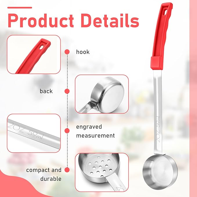 16 Pcs Portion Control Serving Spoons, Restaurant Measuring Serving Ladle Utensils, Portion Control Slotted Scoops for Weight Loss, Solid and Perforated Scoops(Red,2 oz)
