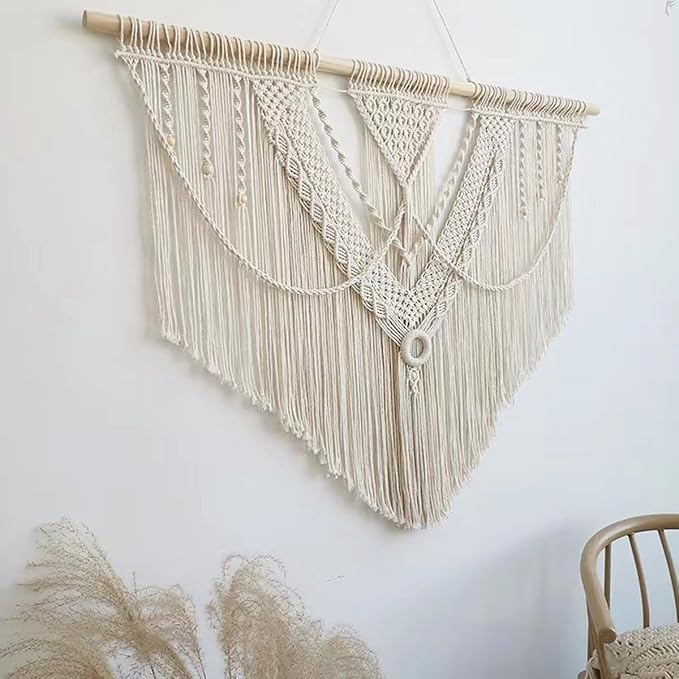 guzhiou large macrame wall hanging - Boho Tapestry Macrame Wall Decor Art- Chic Bohemian Handmade Woven Tapestry Home Decoration for Bedroom Living Room Apartment Wedding Party - 43"x32" (Beige-A)