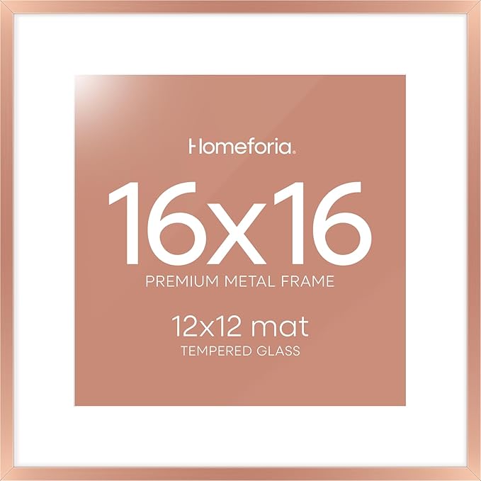 Homeforia 16x16 Picture Frame Rose Gold, High End Metal 16 x 16 Square Poster Frame with Mat 12 x 12 Photo, 16x16 Frame Matted to 12x12 Print, 16by16 Hanging Frames, Tempered Glass, Wall Kit, Set of 1