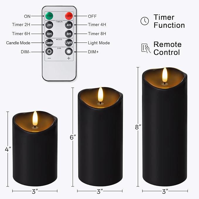 Outdoor Flameless Candles with Remote Timer - Waterproof Realistic Flickering LED Pillar Electric Battery Operated Fake Candle for Home Halloween Christmas Party Decor - 3 Pack Black (D3”H4”6”8”)