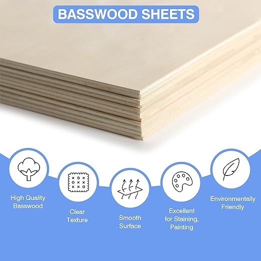 12 Pack Basswood Sheets for Crafts 12x18x1/8 Inch, 3mm Thick Unfinished Plywood for Laser Cutting & Engraving, DIY Ornaments and Architectural Model