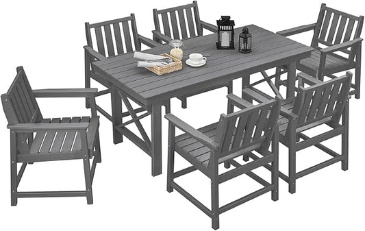 7 Pieces HDPE Outdoor Dining Set, Patio Dining Set with Umbrella Hole, All Weather Outdoor Dining Table Sets for 6, HDPE Patio Furniture Sets for Deck, Backyard, Lawn, and Poolside, Smoke Gray