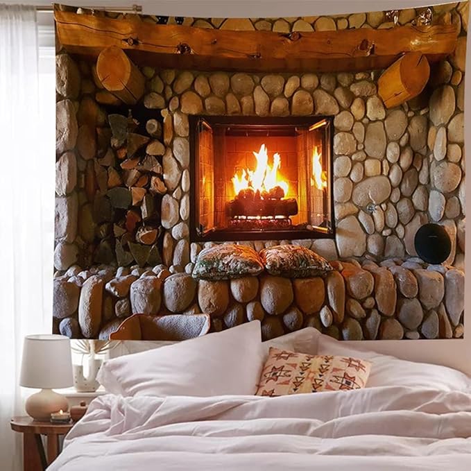 Firplace Tapestry Art Retro Stove Print Tapestry Art Wall Hanging Tapestry Room Bedspread Decor Christmas Fireplace (Firplace, 70.00" x 90.00")