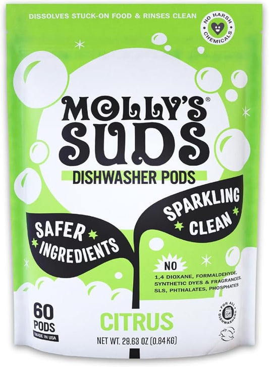 Molly's Suds Dishwasher Pods | Clean Dishwasher Detergent, Cuts Grease & Rinses Clean (Residue-Free) for Sparkling Dishes | 60 Auto-Release Tabs (Citrus)