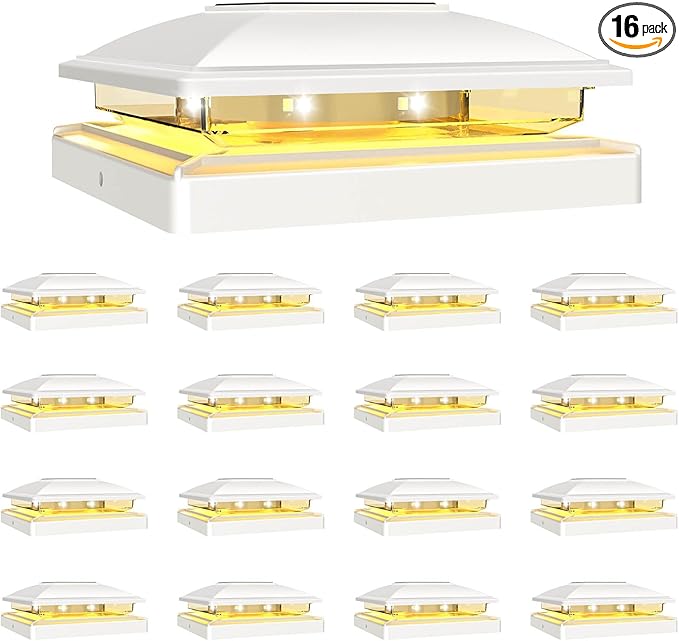 VOLISUN Solar Post Cap Light Outdoor Waterproof 16pack,Solar Fence - Post Lights for 4x4 5x5 6x6 Wooden/Vinyl Post,White Deck Cap Light Solar Powered with Warm White for Garden/Patio/Porch
