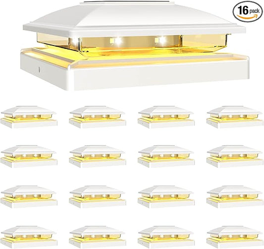 VOLISUN Solar Post Cap Light Outdoor Waterproof 16pack,Solar Fence - Post Lights for 4x4 5x5 6x6 Wooden/Vinyl Post,White Deck Cap Light Solar Powered with Warm White for Garden/Patio/Porch
