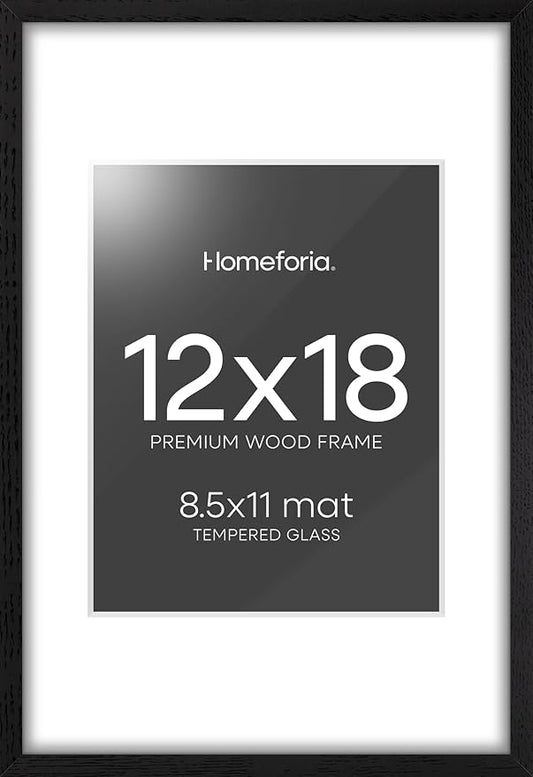 Homeforia 12x18 Frame Black Wood, High End Oak 12x18 Picture Frames with Mat 8.5x11 Photo, 12 x 18 Wooden Poster Frame Matted to 8.5 x 11 Print, 18x12 Hanging Frame, Tempered Glass, Wall Kit, Set of 1