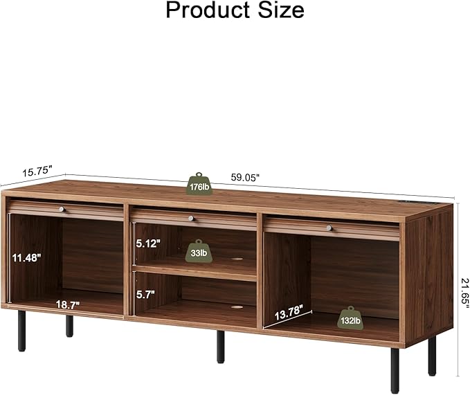 59 Inch TV Stand with Power Outlet for TVs up to 65 Inch, Entertainment Center with Storage, Mid-Century Modern TV Console, Adjustable Shelf & Sliding Doors, TV Stand for Living Room, Bedroom, Walnut