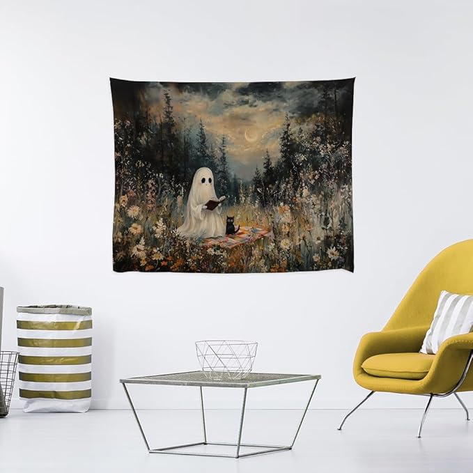 Halloween Ghost and Black Cat Tapestry Wall Hanging Spooky Ghos Reading Book in Wildflowers Wall Decor Halloween Witchy Room Aesthetic Tapestries for Goth Living Room Bedroom Decoration 60x80inch