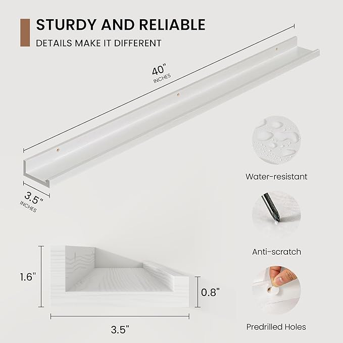 Picture Ledge Shelf, Solid Pine Wood Floating Shelves Set of 2, 40 Inches Nursery Book Shelves for Toys Storage, Kids Bookshelf Wall Mounted for Living Room Bedroom Decor Books Photo Frames, White