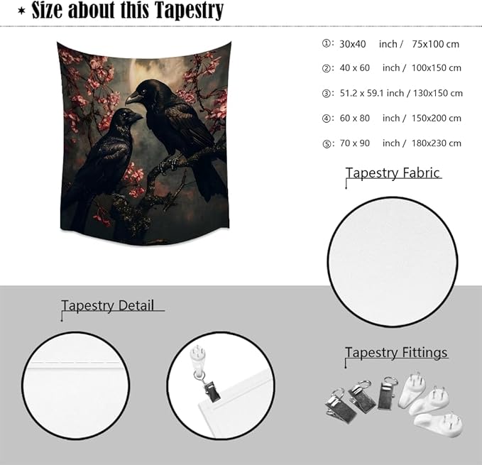 Mystic Gothic Raven Tapestry Halloween Crow Decor Vintage Dark Academia Bedroom Tapestries Retro Art Aesthetic Wall Tapestry for Bedroom Dorm Living Room white