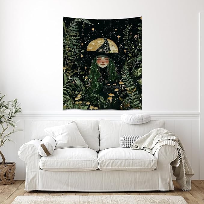 Moon Witch Tapestry Wall Hanging Mystical Botanical Green Print Dark Forest Witchy Decor Gothic Magical Black Cat and Moon Tapestries for Bedroom Living Room Dorm Decoration Aesthetic 40x60inch