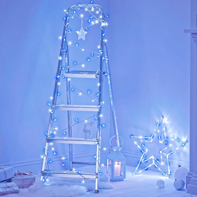 Blue and White Christmas Lights Outdoor 82ft 250 LED Christmas Tree Lights 8 Modes Clear Wire, Plug in Waterproof Twinkle Fairy Lights for Indoor Christmas Bedroom Tree Decorations