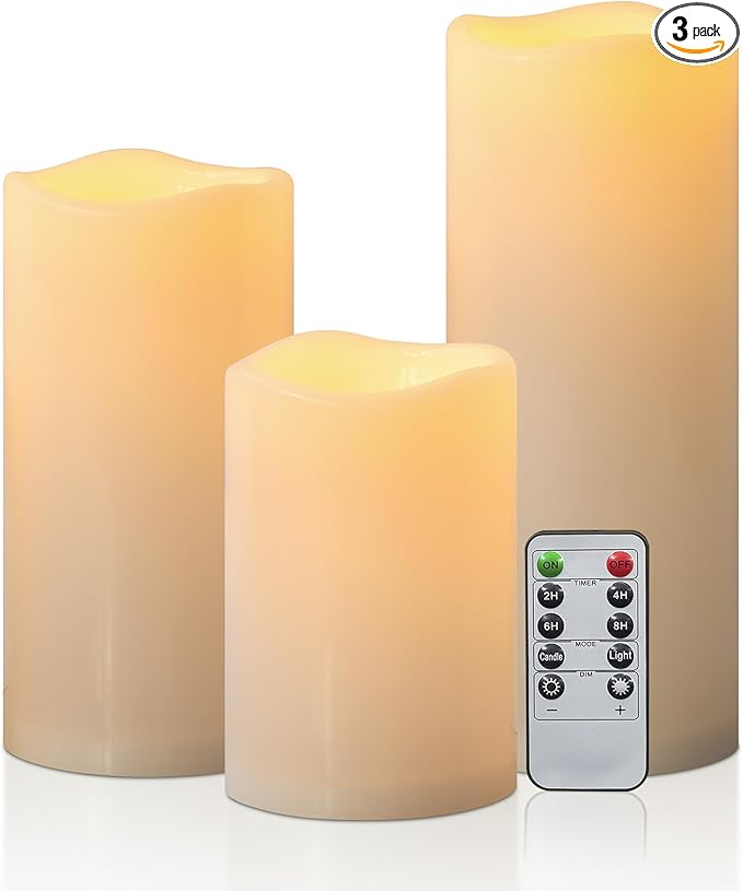 6" 8" 10" x 4" Waterproof Outdoor Flameless Candles Battery Operated LED Flickering Pillar Candles with Remote and Timer for Indoor Outdoor Lanterns, Long Lasting, Ivory White Large, Set of 3